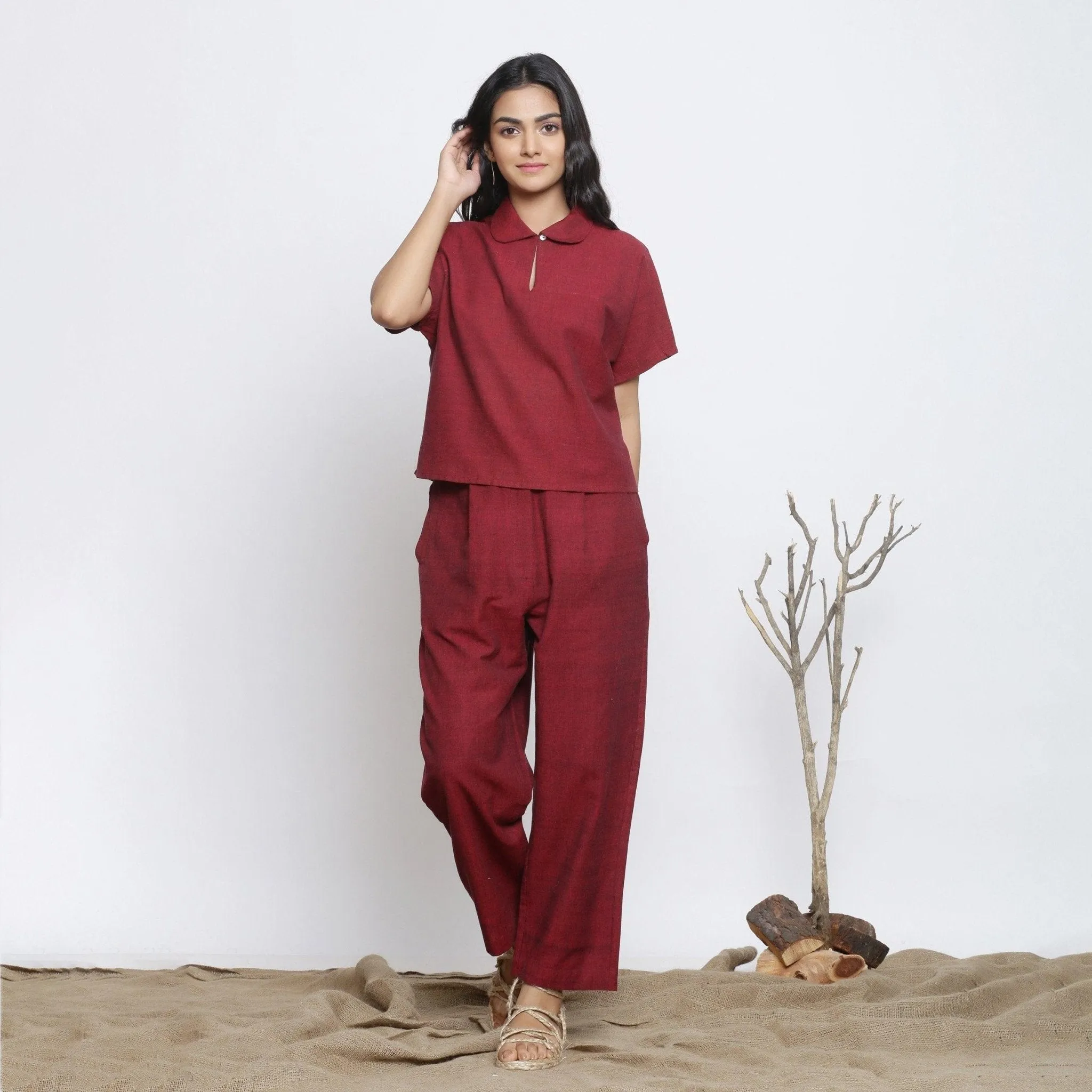 Maroon Handspun 100% Cotton Loose Fit Keyhole Neck Top