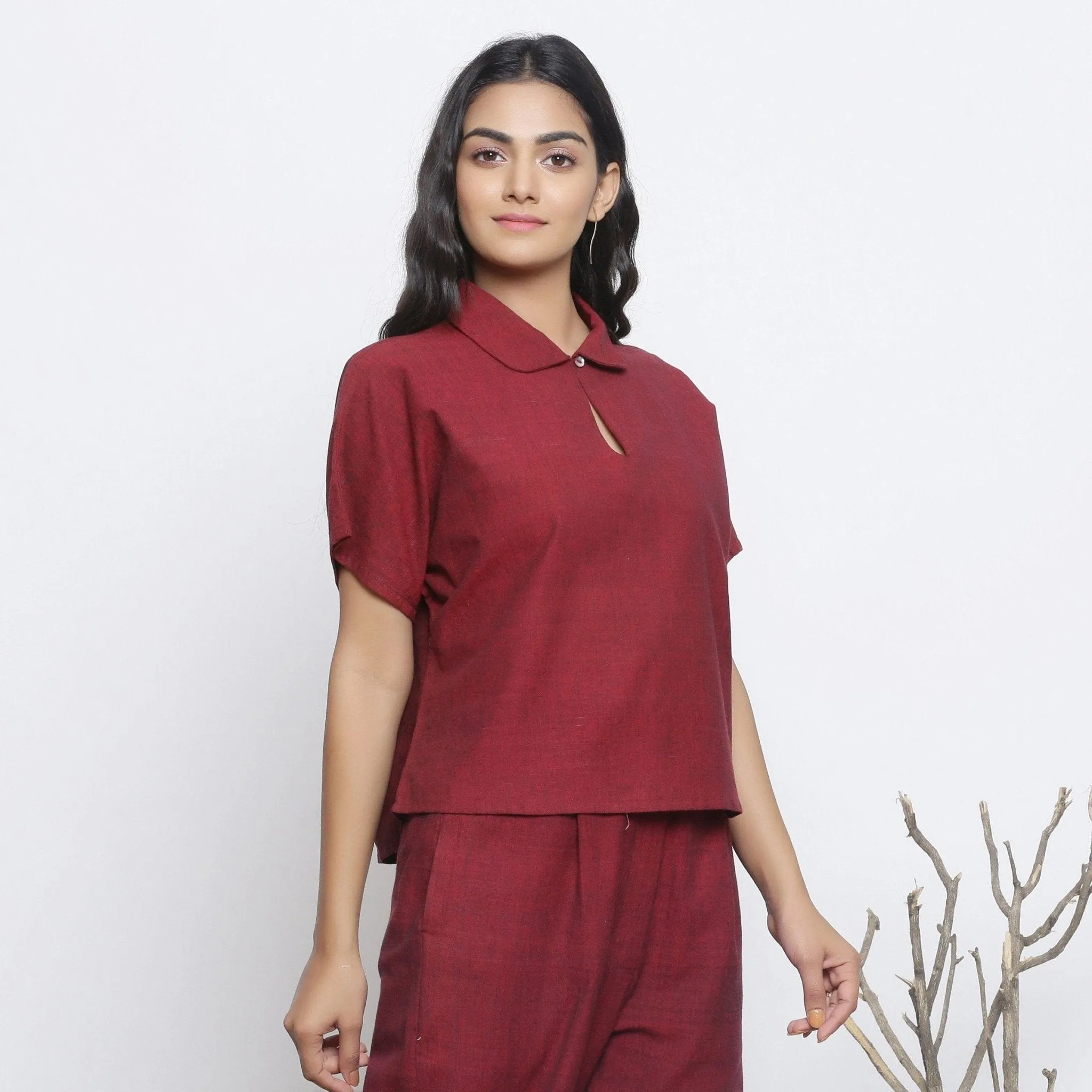 Maroon Handspun 100% Cotton Loose Fit Keyhole Neck Top