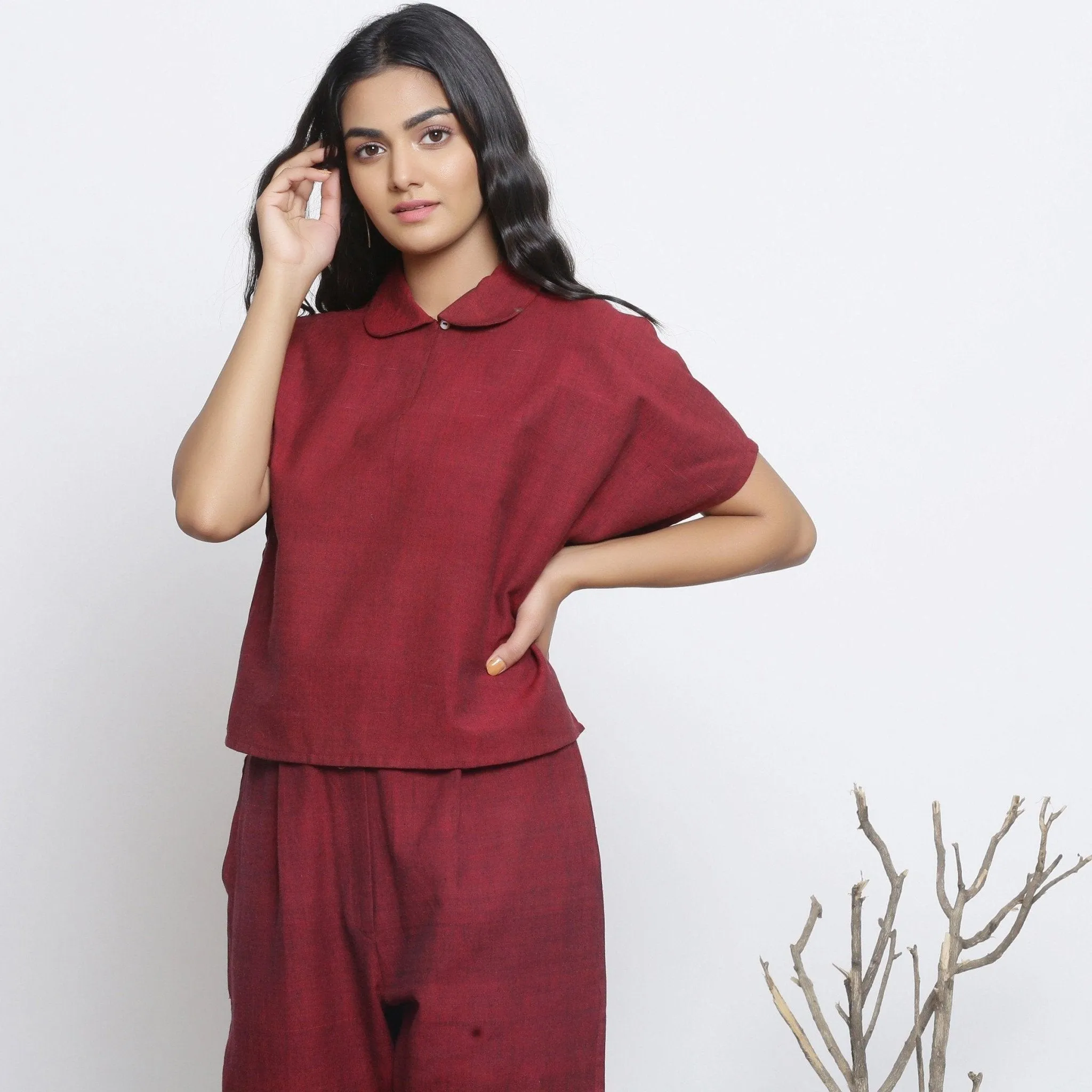 Maroon Handspun 100% Cotton Loose Fit Keyhole Neck Top
