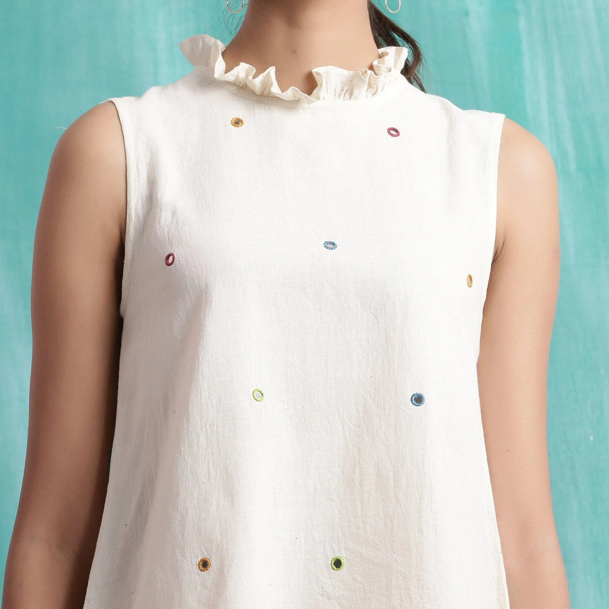 Off-White Mirror Work Handspun Cotton Muslin Sleeveless Top