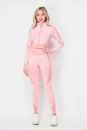 Pink Honey Comb Active Cropped Jacket Leggings Set