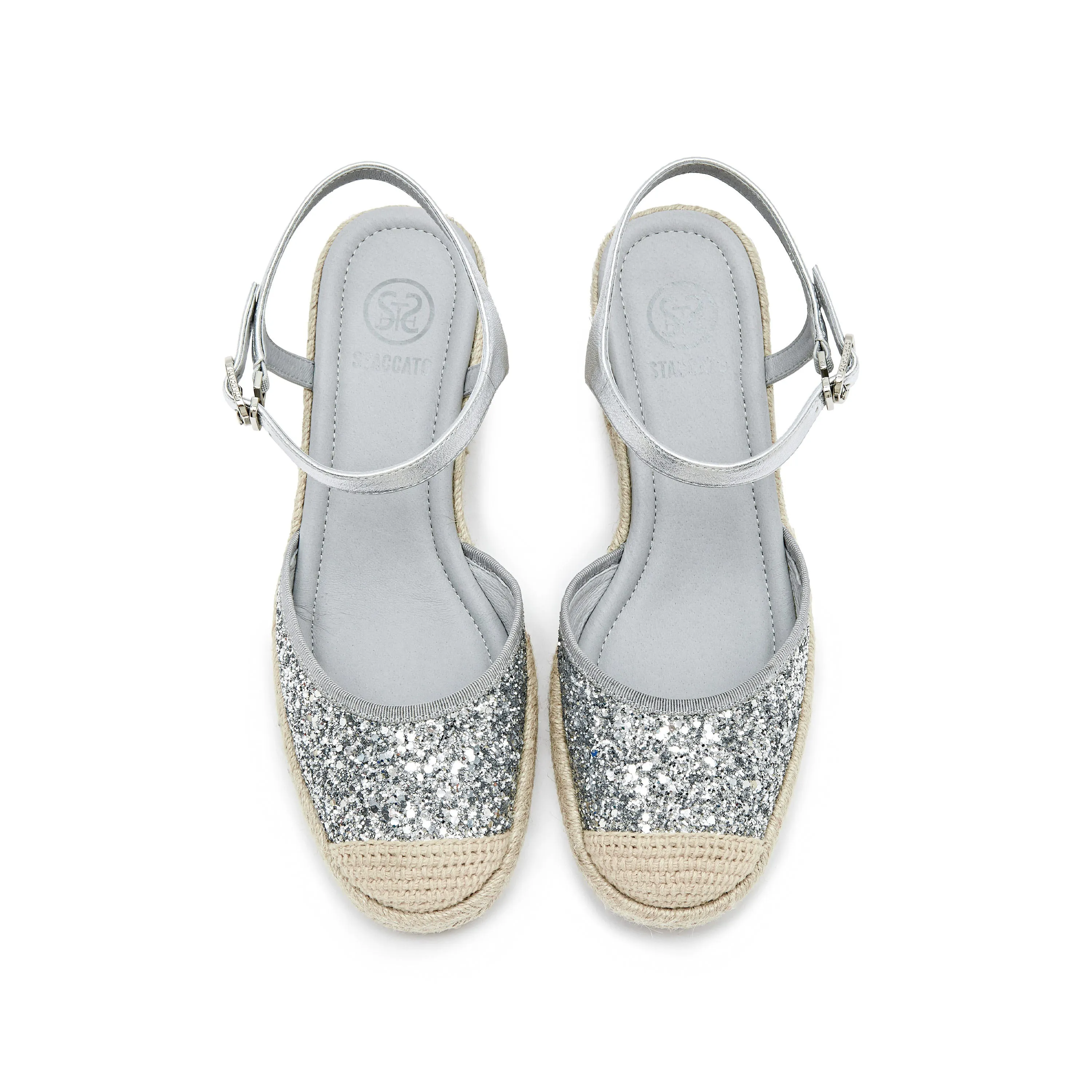 Silver Glitter Espadrille Wedge Sandals