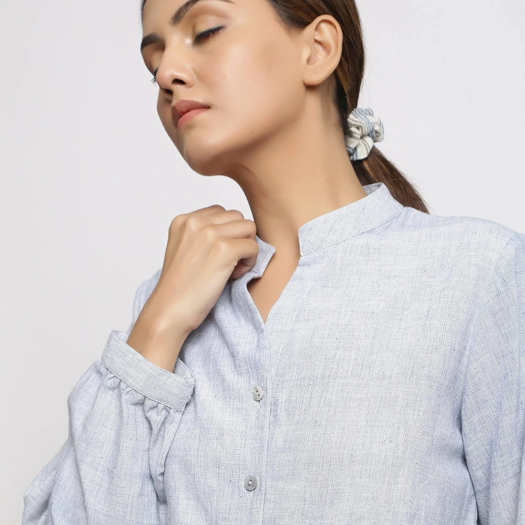 Sky Blue Yarn Dyed Handspun Cotton Mandarin Collar Shirt