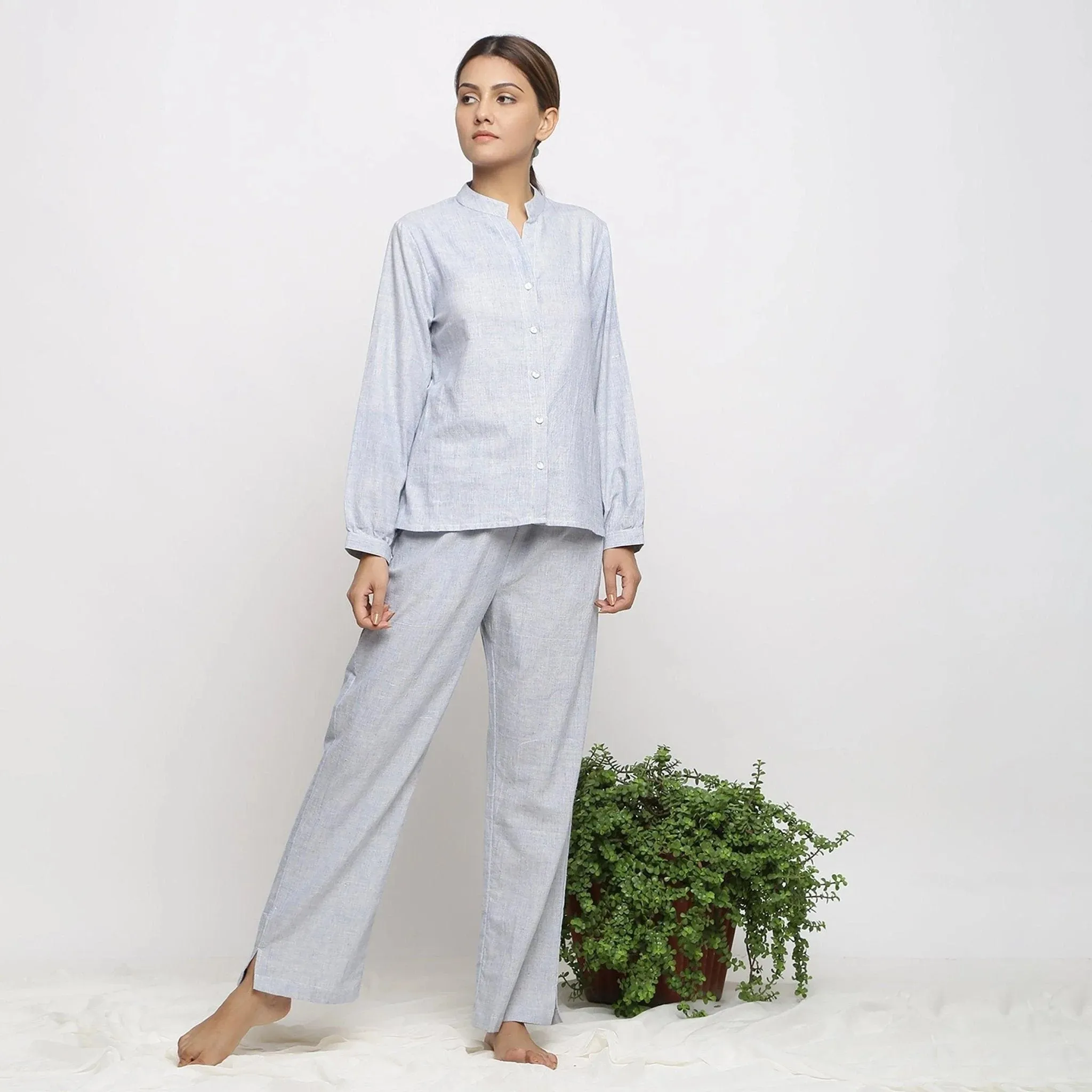 Sky Blue Yarn Dyed Handspun Cotton Mandarin Collar Shirt