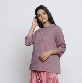 Wine Yarn Dyed Cotton Muslin Round Neck A-Line Top