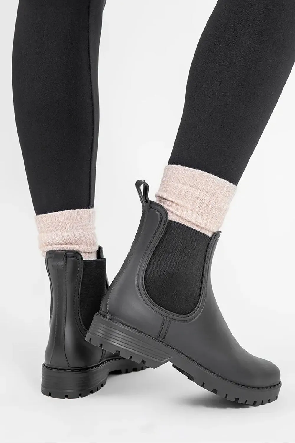 WOMENS BLACK SLIP ON RAIN BOOTS SHOES