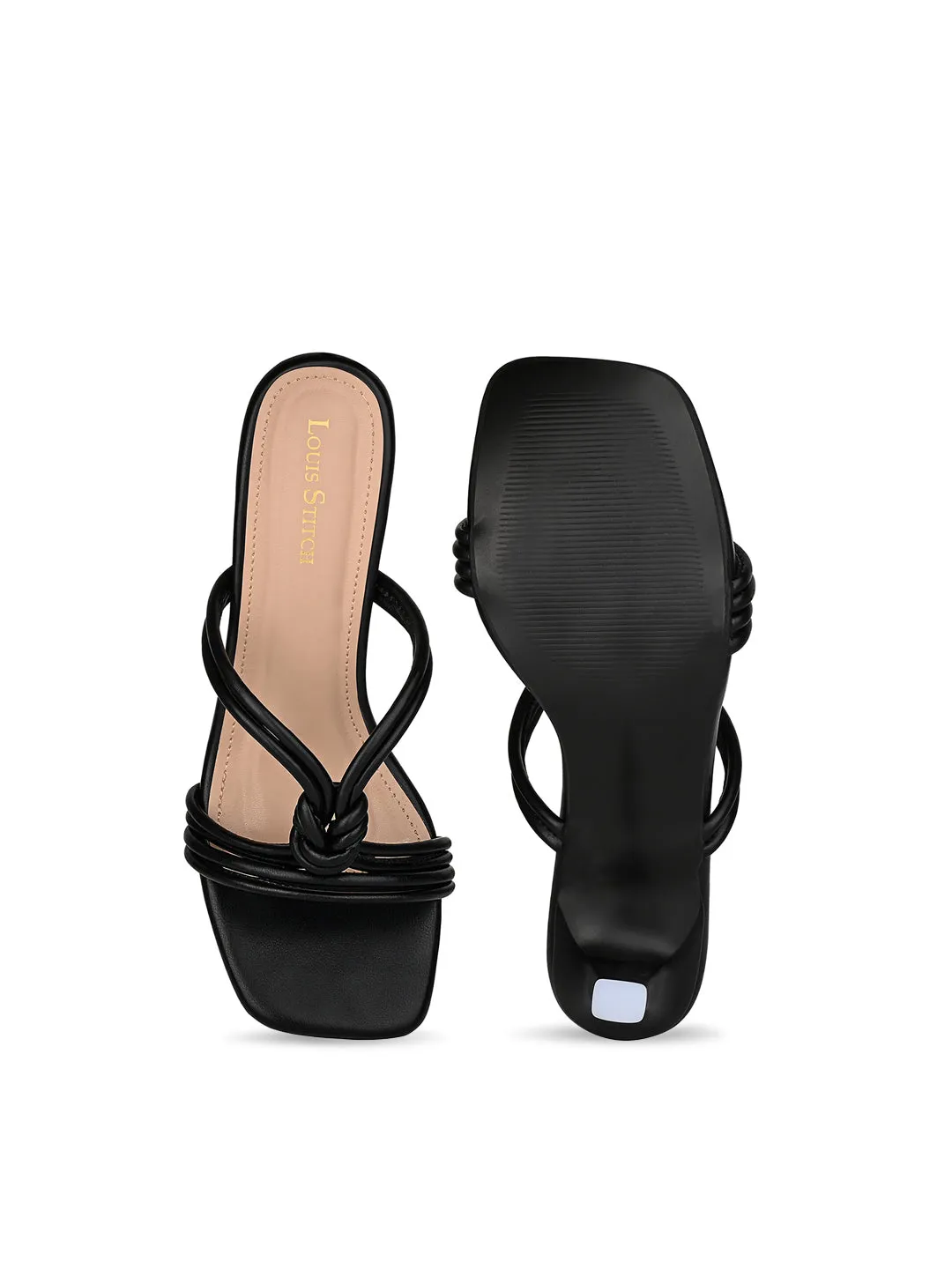 Women's Black Stilleto Heel Cross Knot Mule Sandals